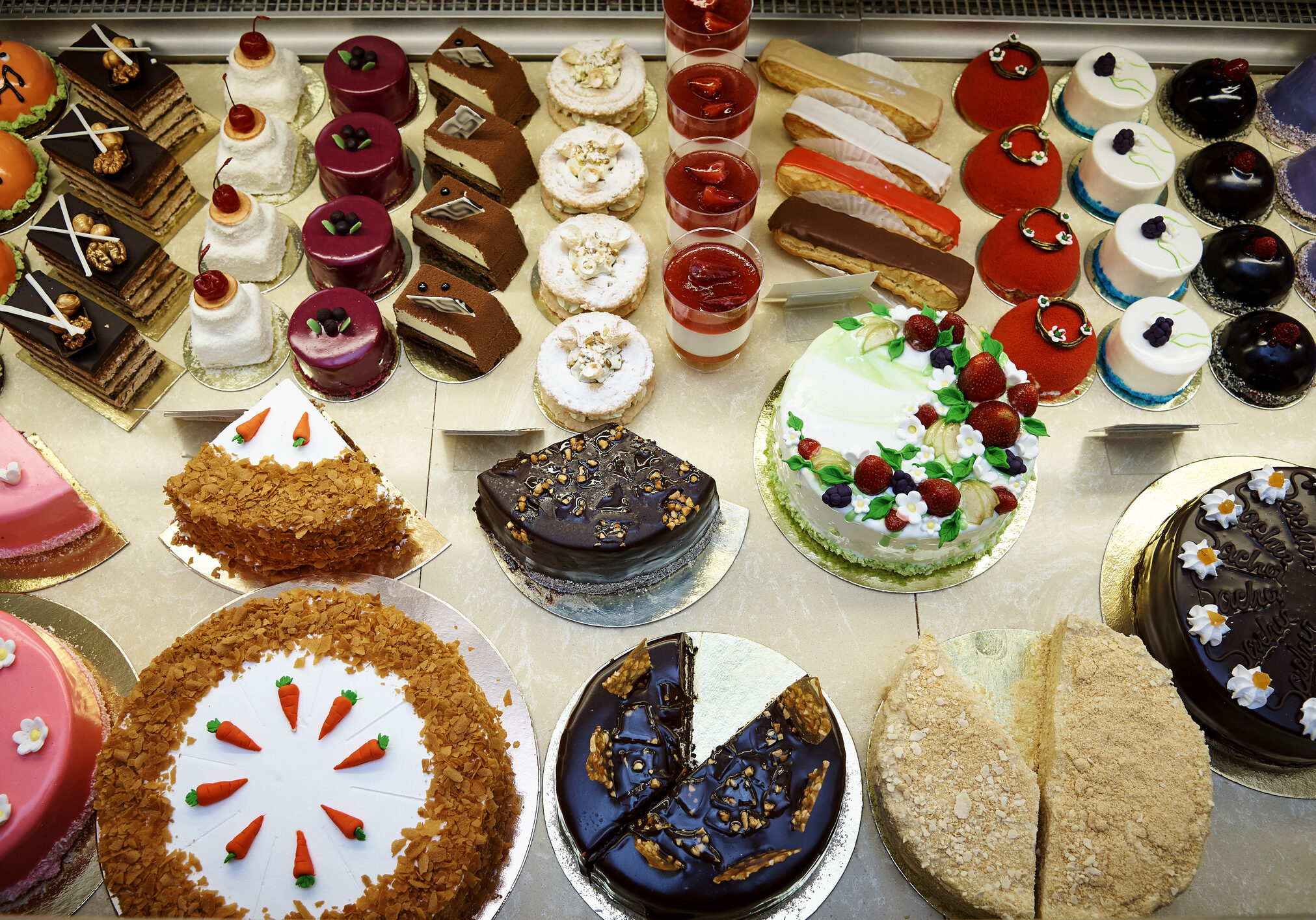 A variety of confectionery products in the storefront.