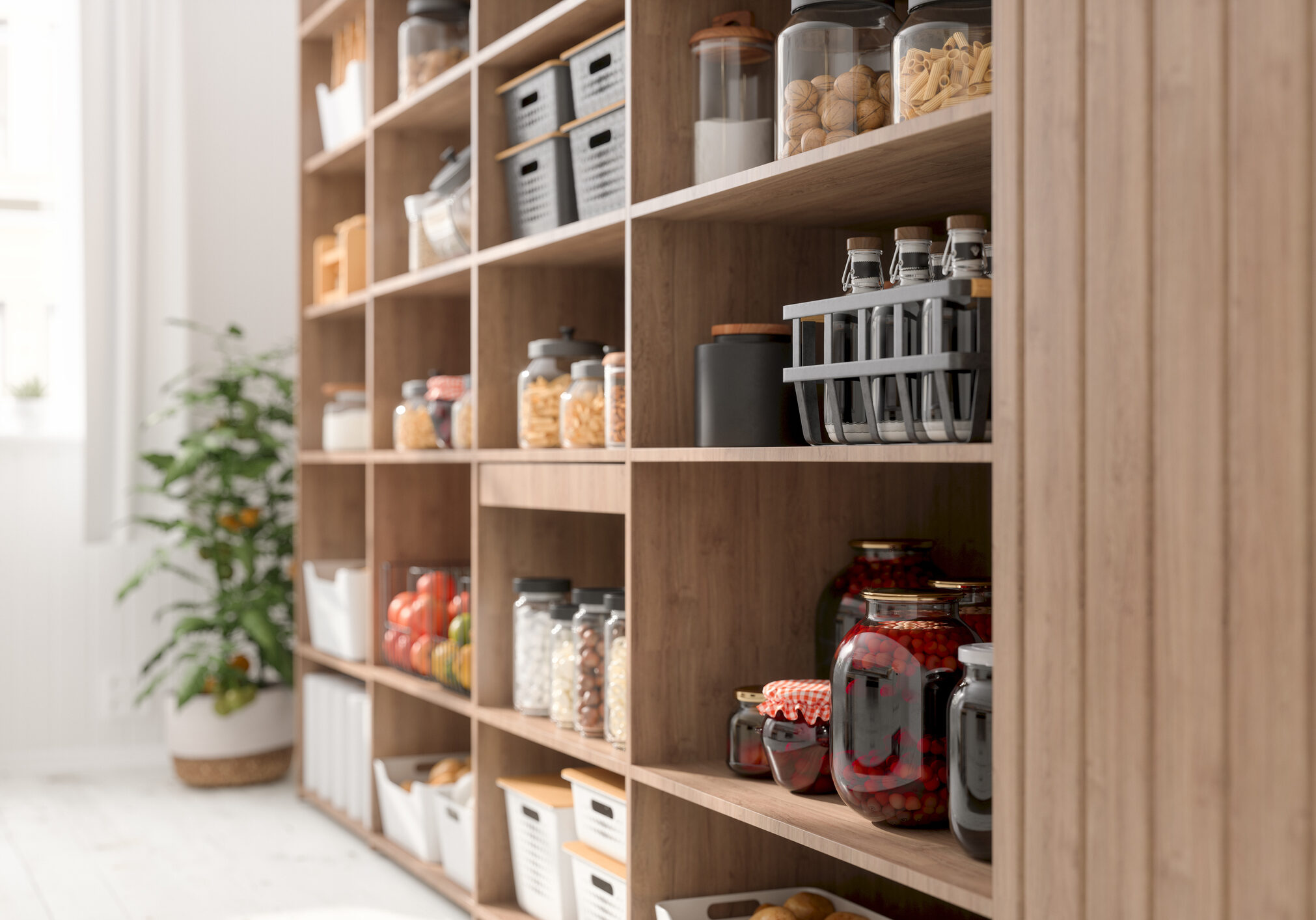 Pantry shelves with jars and containers