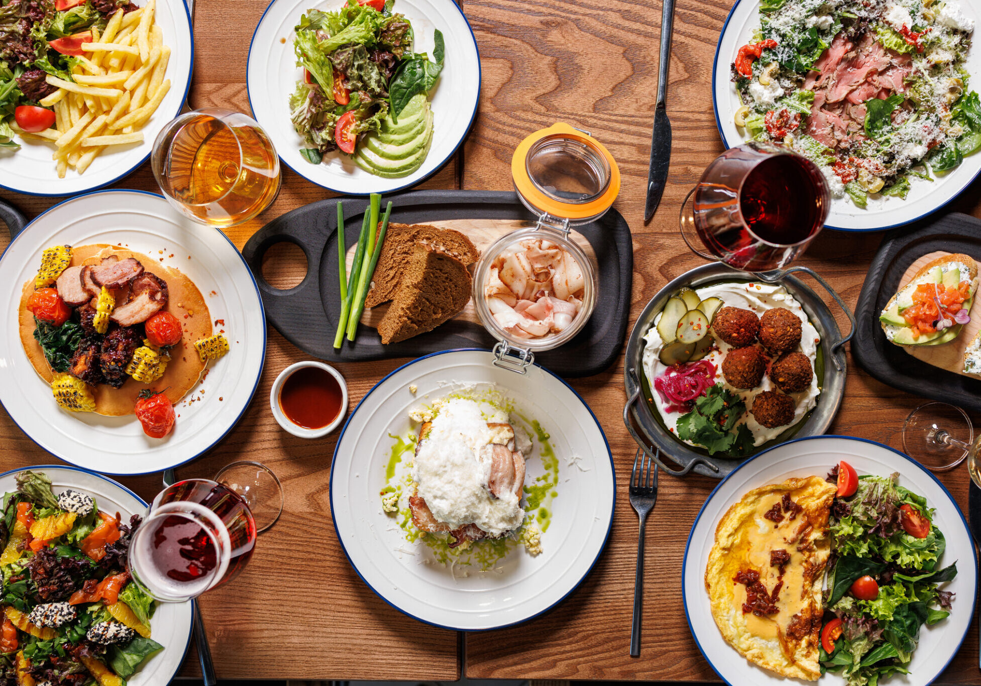 Festive table with various food top view, no people