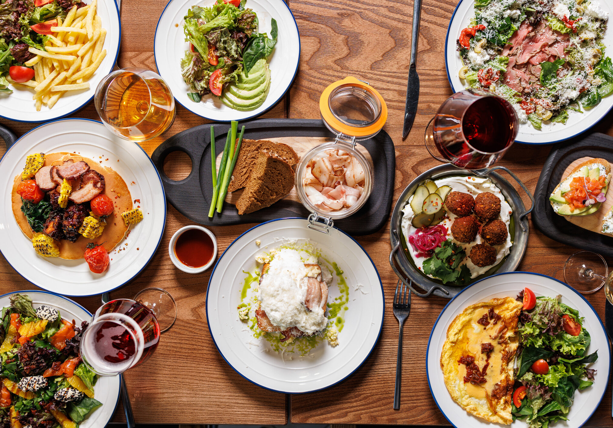 Festive table with various food top view, no people