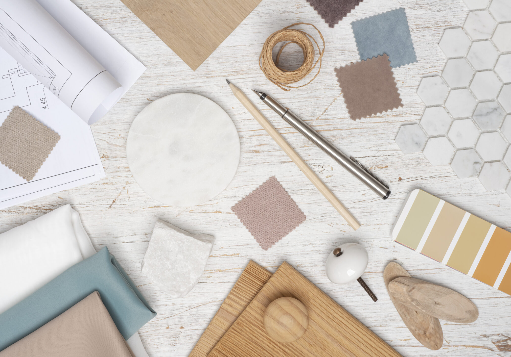 Fabric swatches and color palette on table