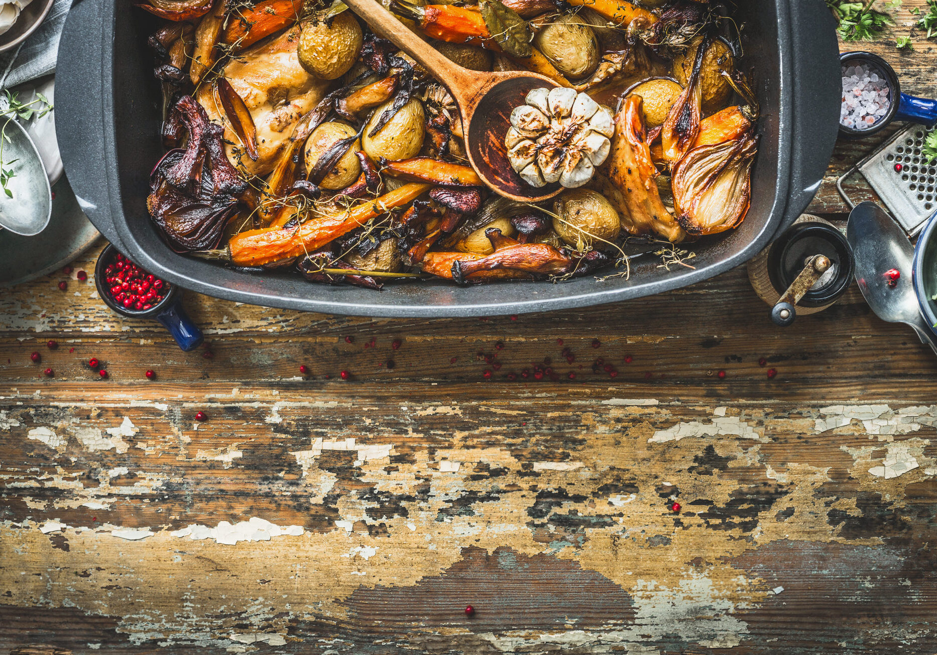 Roasted vegetables with garlic in a dish
